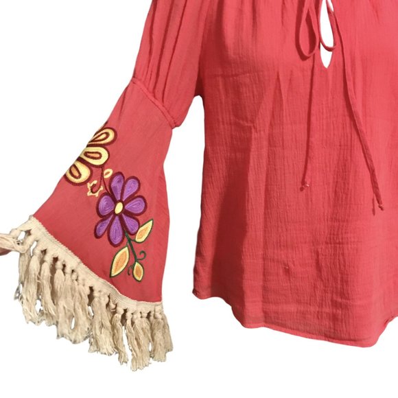 VaVa Joy Han Coral Floral Fringe Top - FUN!  Med - Picture 2 of 7